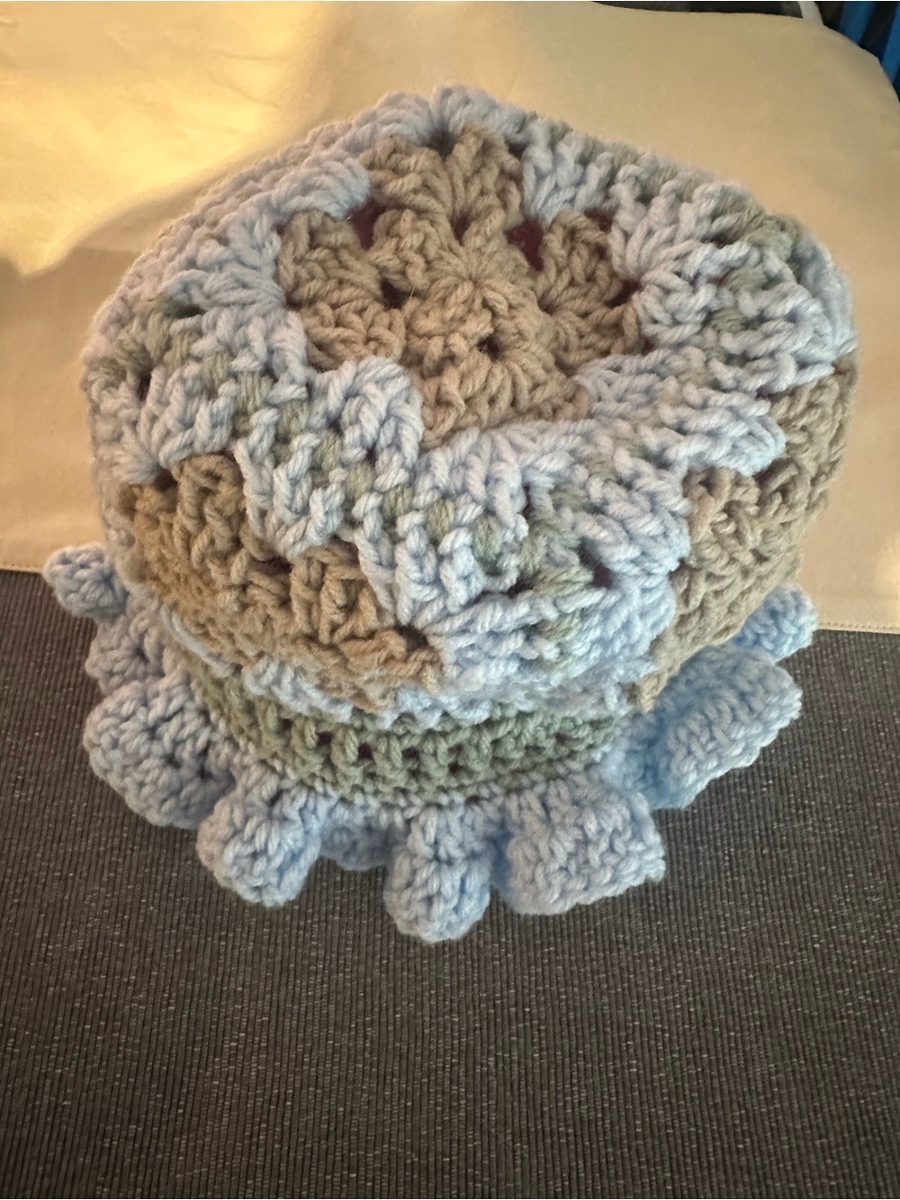 Handmade Chunky Crochet Slouch Beanie in Blue and Beige
